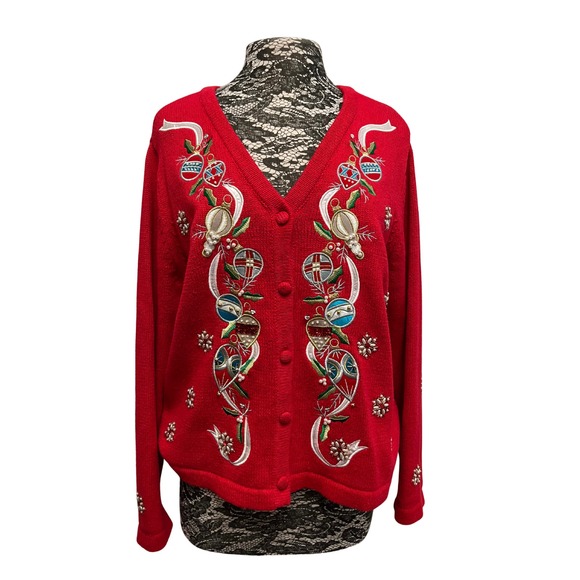 Vintage 90s Christmas Sweater L Red Button-up Beaded Embroidered Grandma Cottage - Picture 1 of 16